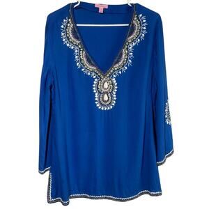 Lily Pulitzer Women M Blue Spectacular Jewel Beaded V-neck Tunic Top Coastal